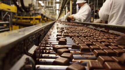 Envision a bustling chocolate factory where conveyor belts transport chocolate bars through the production line. 