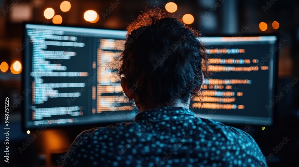 Deticated Programer A dedicated programmer is shown working intently on code with dual ...