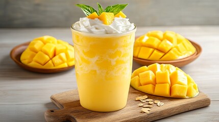 Wall Mural - Indulge in a tropical delight by blending ripe mango with creamy yogurt. This refreshing beverage offers a perfect balance of sweet and tangy flavors, leaving you feeling invigorated and rejuvenated. 