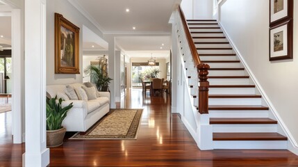 Sticker - A spacious hallway with hardwood floors, white walls, a white sofa, a houseplant in a pot, a picture hanging on the wall, and a staircase leading upstairs.