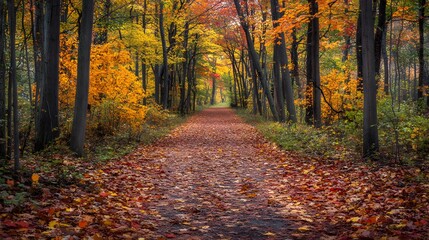 Wall Mural - A quiet walk through a forest covered in autumn leaves where the vibrant reds and yellows of the trees create a stunning natural display and the sounds of nature add to the serene experience