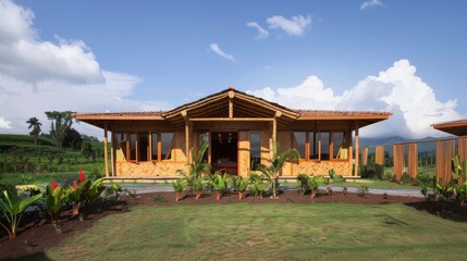 Wall Mural - Bamboo eco-friendly house with lush greenery.