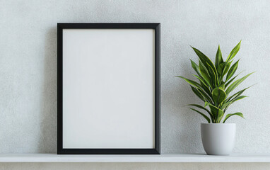 Minimalist decor featuring a blank frame and a green plant on a shelf against a neutral wall, perfect for modern interiors.