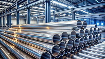 Poster - Alloy inox pipes in a factory setting, metal, manufacturing, industrial, steel, production, machinery