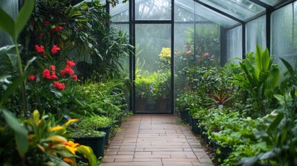 Sticker - A brick pathway leads through a lush, green greenhouse, with plants in pots along the sides.  Rain droplets on the glass roof create a misty atmosphere.