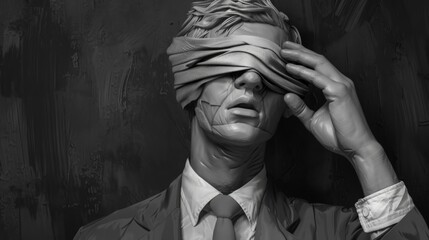 Poster - Blindfolded man in a suit against a textured background.