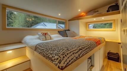 Poster - A modern bedroom with a wood bed frame and patterned bedding, a window with forest views, and built in shelves and storage.