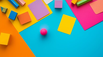 Sticker - Bright colored shapes and a ball on blue background.