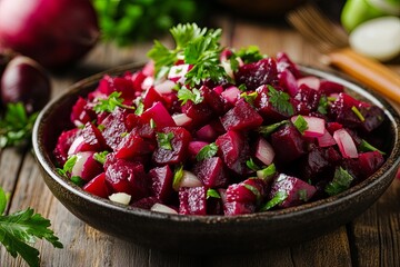 Wall Mural - Fresh beet and onion salad with parsley garnish in a bowl