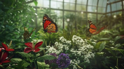 Sticker - Butterflies flying in a lush green garden.