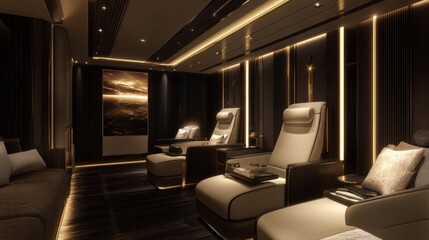 Wall Mural - Luxury home theater with plush seating, a large screen, and warm lighting.