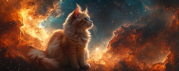 Wall Mural - a cat on the edge of time and space looks at the stars in a bright nebula, space fiction