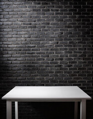 Wall Mural - Empty white wooden table in front of black brick background, Ready for product montage
