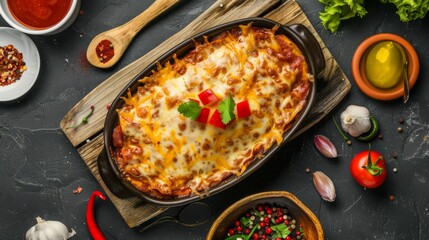 Cheesy casserole with red bell peppers and cilantro on a wooden board.