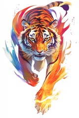  Illustration of a roaring tiger with vibrant flames