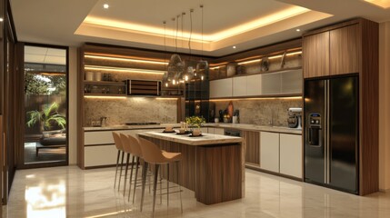 Canvas Print - Modern kitchen with wooden cabinets, a stainless steel stove, and a large black refrigerator. There is a small island with bar stools in the middle of the room.