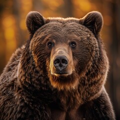 Wall Mural - close up beautiful grizzly bear with a glossy, detailed coat and a serene expression, gently blurred forest setting, soft,