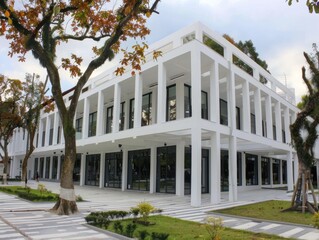 Modern white building surrounded by nature in daylight.