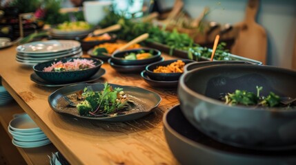 Sticker - Close up of a wooden table with an assortment of bowls containing a variety of food.