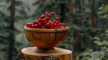 Wall Mural - A colorful bunch of wild red currant berries on a plate set on a wooden stump in the forest.