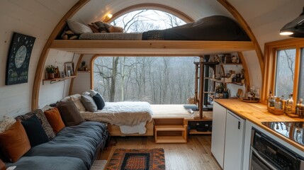 Wall Mural - Cozy cabin interior with a loft bed, a large window overlooking a snowy forest, and a kitchen area with an oven.