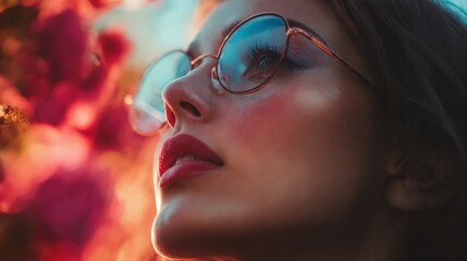 A woman wearing a pair of glasses looking up at the sky.