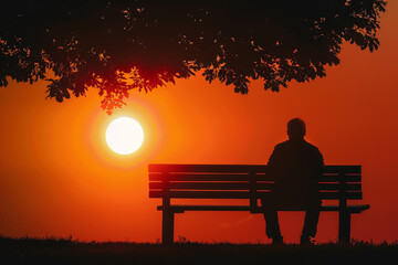 Wall Mural - A man sits on a bench in front of a tree and a large sun