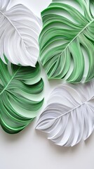 Wall Mural - The beautiful monstera leaves are set in a stunning bas relief design that showcases vibrant greens and elegant whites, adding a delightful botanical touch to any space or decor arrangement