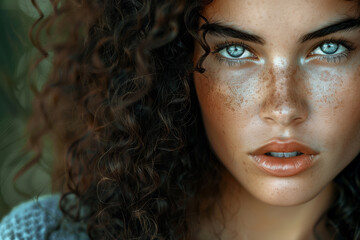 Wall Mural - A woman with brown hair and blue eyes is wearing makeup