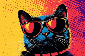 A black cat wearing sunglasses on a colorful background.