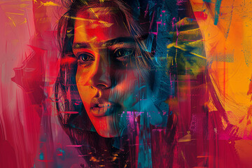 Wall Mural - A woman's face is painted in a colorful, abstract style