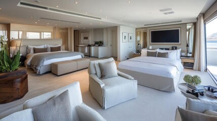 Modern luxury bedroom with two beds, a large window with a view of the ocean, and a comfortable seating area.