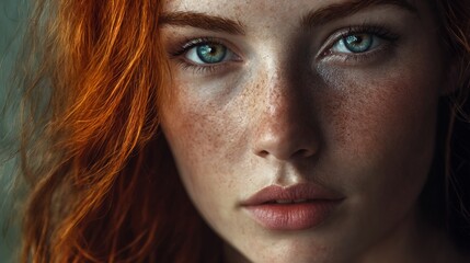 Wall Mural - A woman with red hair and blue eyes looking at the camera.