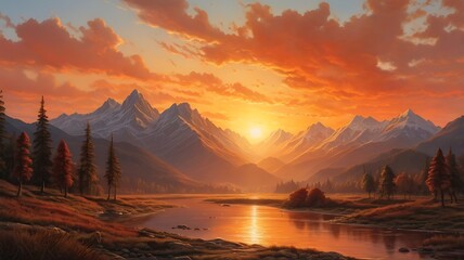 Wall Mural - A painting of the early morning at dawn, the sun behind the mountains, the sun's light shines with red-orange colors creating an unforgettable scene