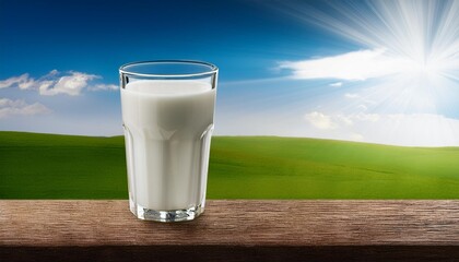 glass of milk on green grass