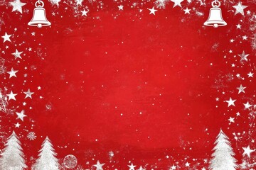 Red Christmas background with white trees and bells, stars and a textured frame.