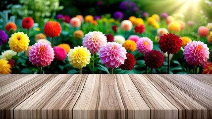 Wall Mural - Empty wooden table on the background of flowers