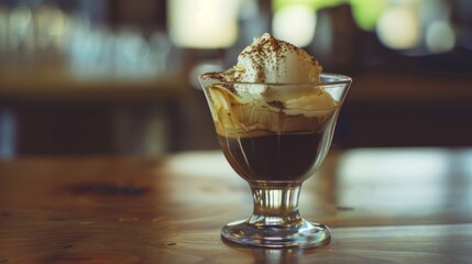 Close-up of a coffee drink topped with whipped cream and a dusting of chocolate powder.