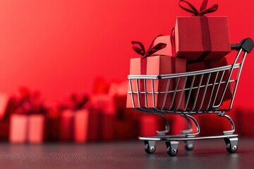 A shopping cart filled with red presents, perfect for holiday promotions and festive-themed designs.