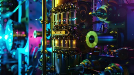 Poster - Close-up of a complex machine with glowing lights and intricate gears.