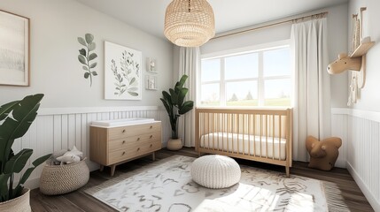 Wall Mural - Stylish nursery with a crib, dresser, wicker basket, and a large window.