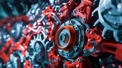 Poster - Close-up of a complex, intricate red and silver machine with gears and mechanisms.