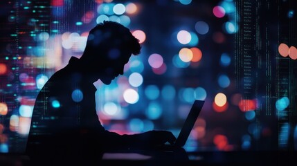 Silhouette of a Coder Working Late at Night