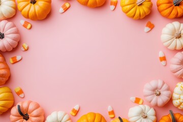 Whimsical pastel Halloween display with pumpkins and candy corn on a soft pink background