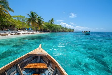 Boat Exploring Tropical Islands, With Clear Blue Waters