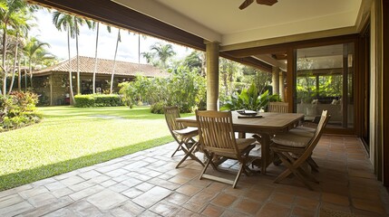 Poster - Wooden table with chairs on a patio overlooking a green lawn with palm trees.