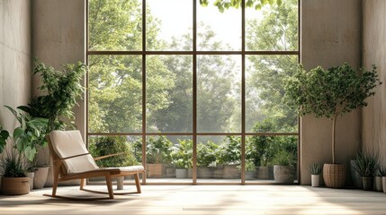 Sticker - Relaxing rocking chair facing a large window with view of lush greenery.