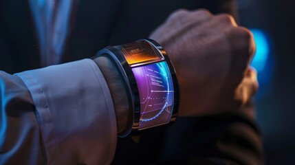 Close-up of a futuristic wristwatch with a glowing digital display.