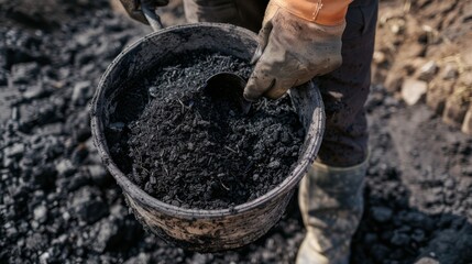 Poster - Close-up of a gloved hand holding a bucket full of black soil.