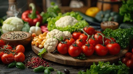 Wall Mural - Fresh Vegetables and Spices on Wooden Table